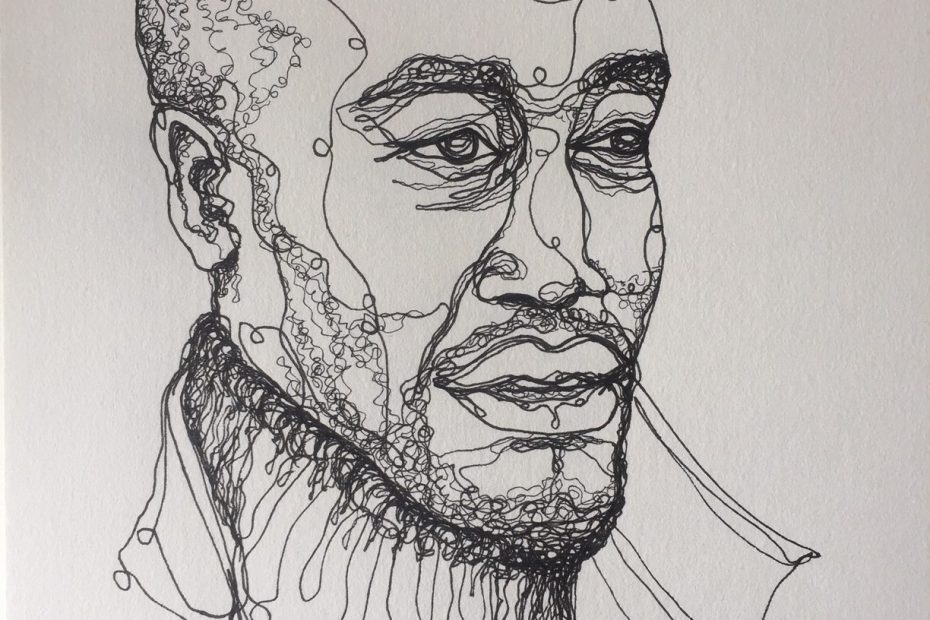 Pen drawing of Musa Okwonga